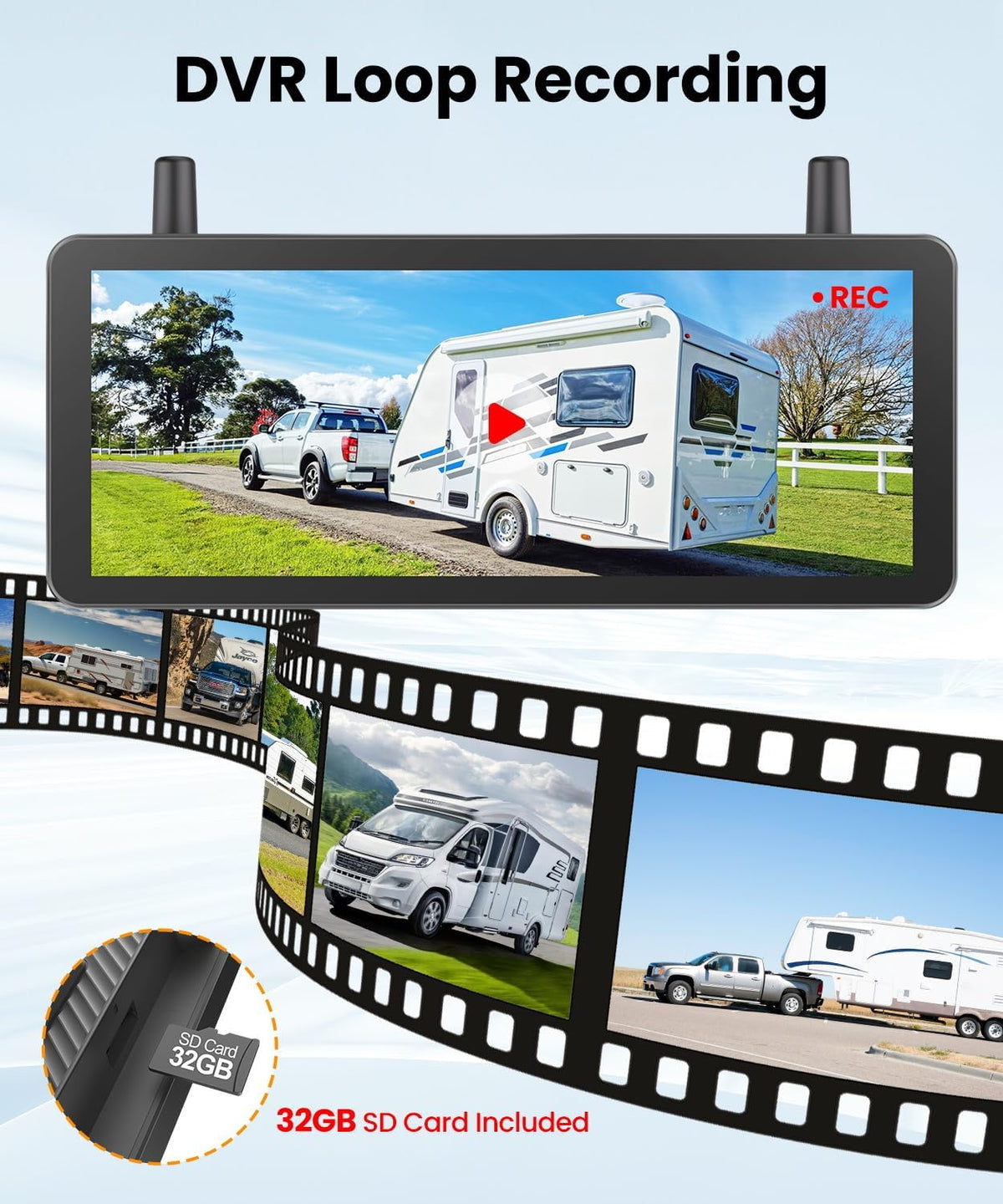 Auto-VOX Draadloze achteruitrijcamera op zonne-energie met 18 cm (7,2 inch) 1080P HD-monitor, snelle installatie, opbergtas, IP69K waterdicht, voor vrachtwagens en aanhangers