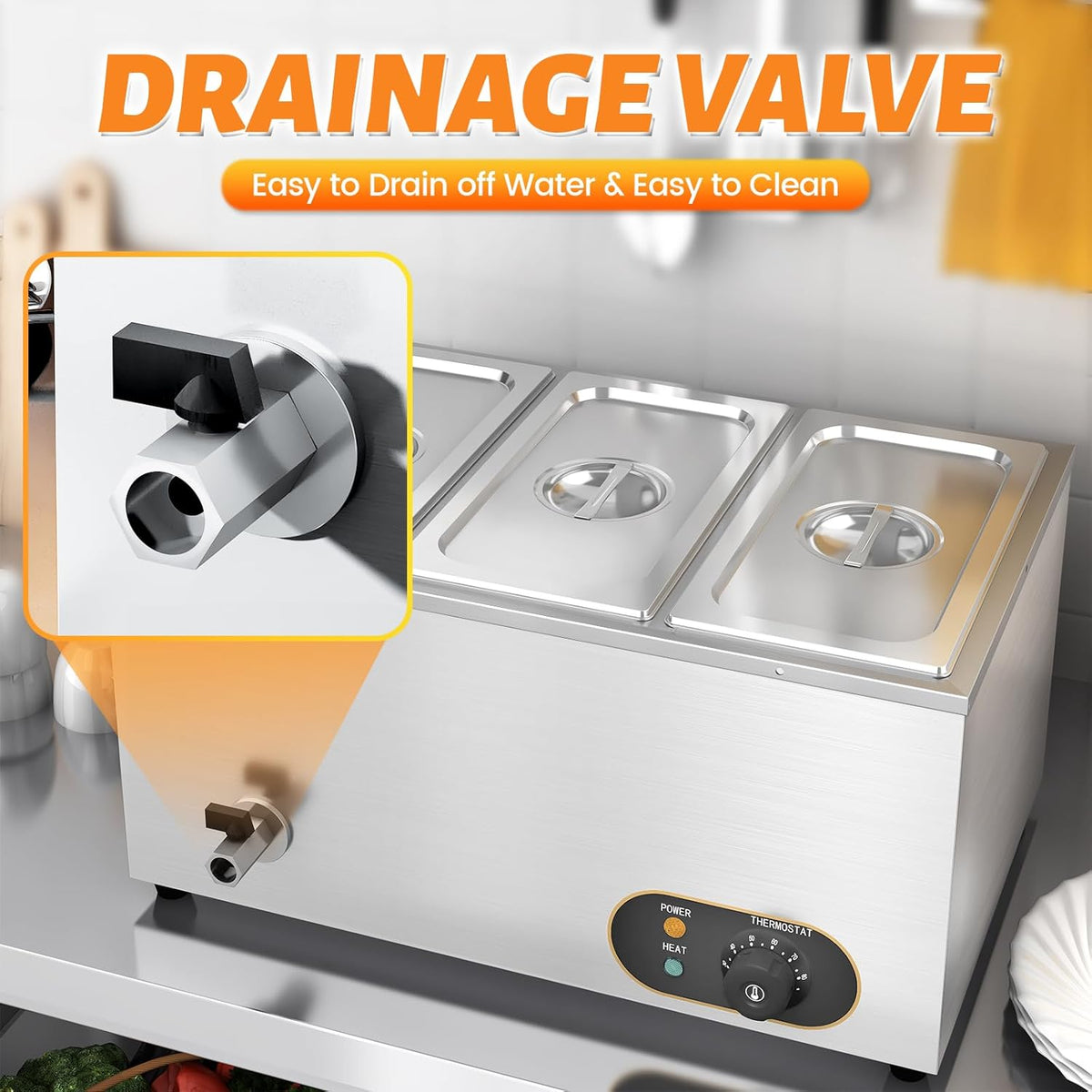 Bain Marie Voedselverwarmer, waterbad, Gastro GN-containers, 1/3 x 3 warmhouders, roestvrij staal, met afvoerkraan, 1500 W, elektrische buffetwarmer