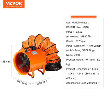 VEVOR Construction fan, 367 W AC motor, construction fan, 2800 rpm, 2574 CFM (4373 m3/h), axial fan with 10 m hose, axial fan, 79 dB, noise level
