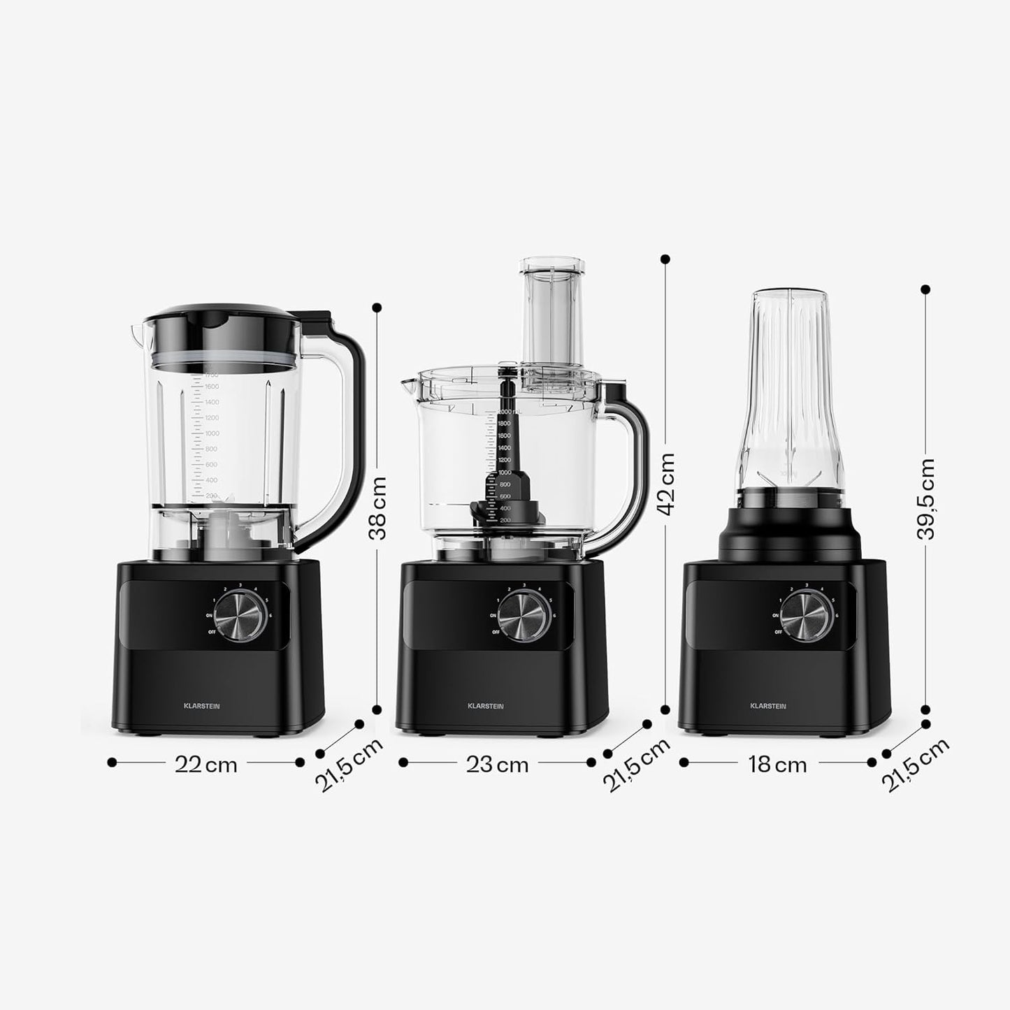Klarstein Velaire keukenmachine met blender – multifunctionele keukenmachine van 1200 W, kom van 2 liter, blender van 1,75 liter, 6 programma’s en snelheden, sapcentrifuge- en vleesmolenopzetstukken