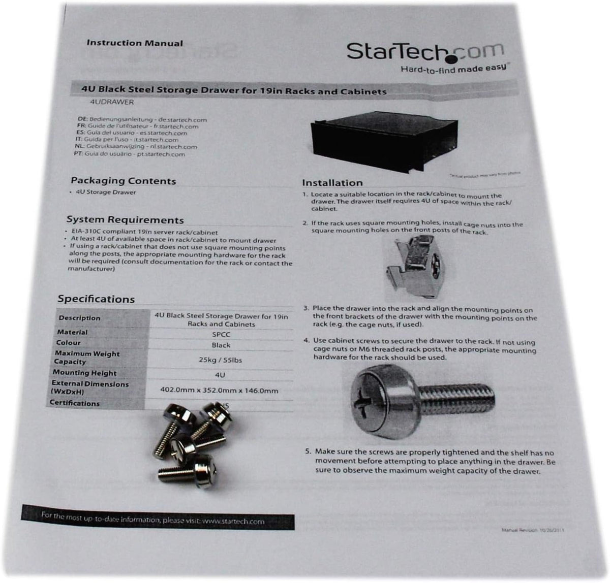StarTech.com 4 HE Rack lade - 25 kg - 4 HE stalen laden voor 19 inch AV/Sever/netwerkapparatuur rek of kast (4UDRAWER)