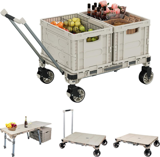 Opvouwbare Platformkar – Platformwagen, Transportkar, Dolly, Handtruck – 3-in-1 Campingtafel – Tot 100 Kg Draagvermogen, 360° Zwenkwielen