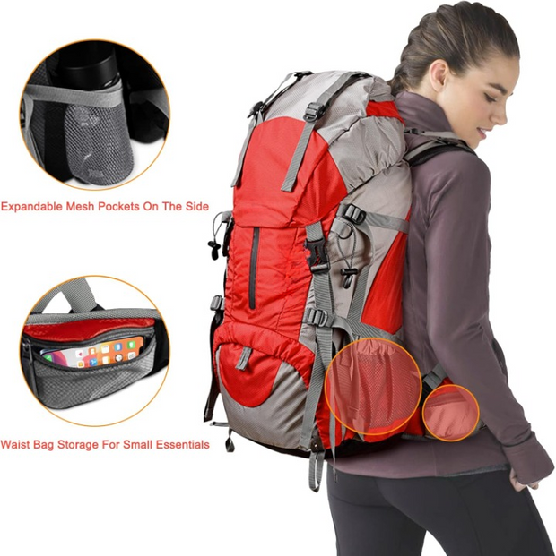 Wandelrugzak - Kampeertas - Trekking rugzak - Camping Essentials Tas - met Regenhoes 50L - Lichtgewicht - Waterdichte - 8 Verstelbare Riemen - Nylon - Rood