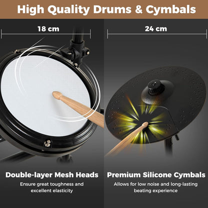 FANTASK Elektronische drumsets, opvouwbaar met mesh-pads, 150 geluiden en 10 demo's, metronoom en USB MIDI, 2 pedalen en 2 drumsticks, 7-delig e-drumstel voor kinderen, volwassenen