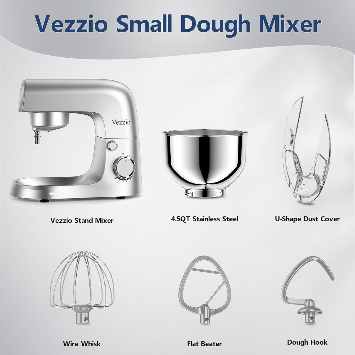 Vezzio Blender, 4,5 liter, 1500 W, 10 snelheden, keukenmachine om te bakken (zilver) (zilver)