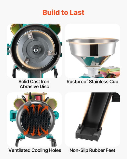 VEVOR Elektrische graanmolen, 50 kg/u, graanmolen, 2200 W, gietijzer, kruidenmolen met antislip rubberen voetjes, voor droge granen, specerijen, muesli, koffie, maïs, peper, hoge snelheid