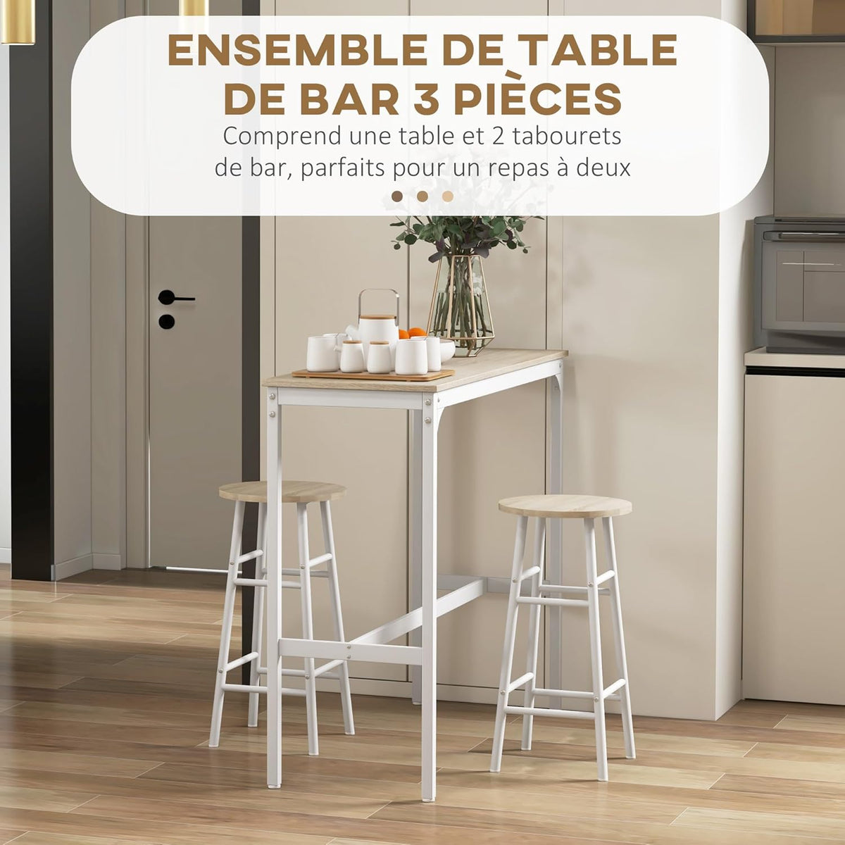 HOMCOM Bistrotafel set + 2 krukken met voetensteun, statafel, stalen frame, industrieel design, hoge keukentafel, dienblad, natuurlijke houtlook, wit