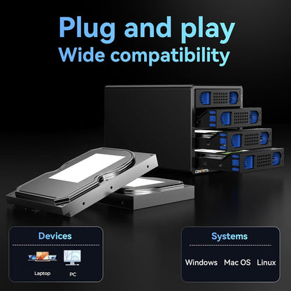 4 Bay harde-schijfbehuizing met ventilator voor 2.5/3.5” SATA HDD/SSD met USB A/C 3.0＋eSATA kabel, 3.5 harde-schijflezer ondersteunt hot-swapping, 80TB capaciteit DAS (GEEN RAID/NAS)
