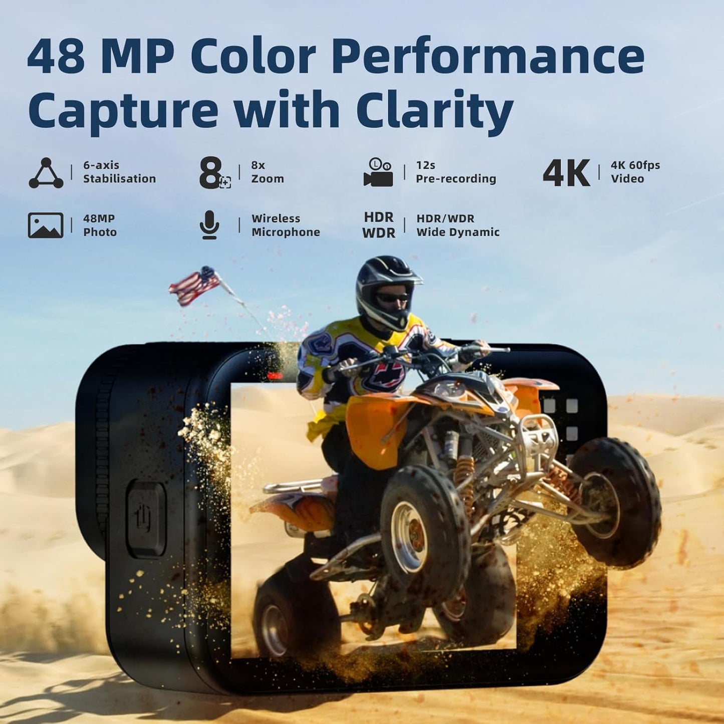4K60fps Touchscreen Action Cam, onderwatercamera met 64G SD-kaart, 48MP wifi-camera, 8x zoom, helmcamera met 6-assige stabilisatie, sportcamera met 2 x 1350 mAh accu's, helmhouder, accessoirekit