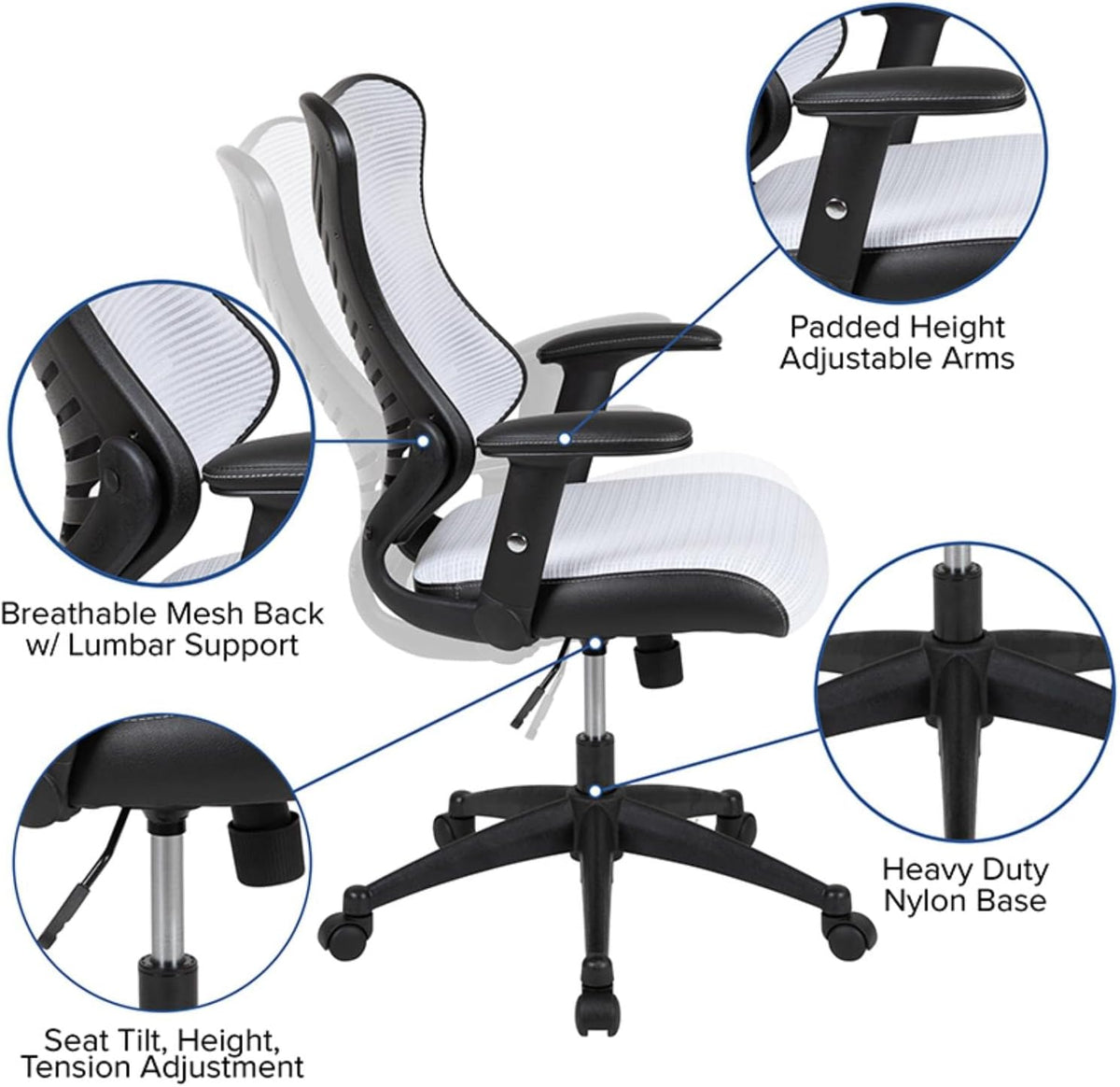 Flash Furniture High Back Designer White Mesh Executive Swivel Ergonomische bureaustoel met verstelbare armen, 65,75 cm B x 64 cm D x 99 cm H