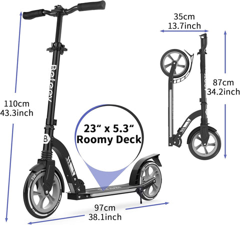 BELEEV V10 Big Wheel Scooter voor kinderen vanaf 6 jaar, met oplichtend dek, opvouwbare scooter met 2 wielen voor volwassenen en tieners, 5 verstelbare hoogte, lichtgewicht sport forenzen scooter met
