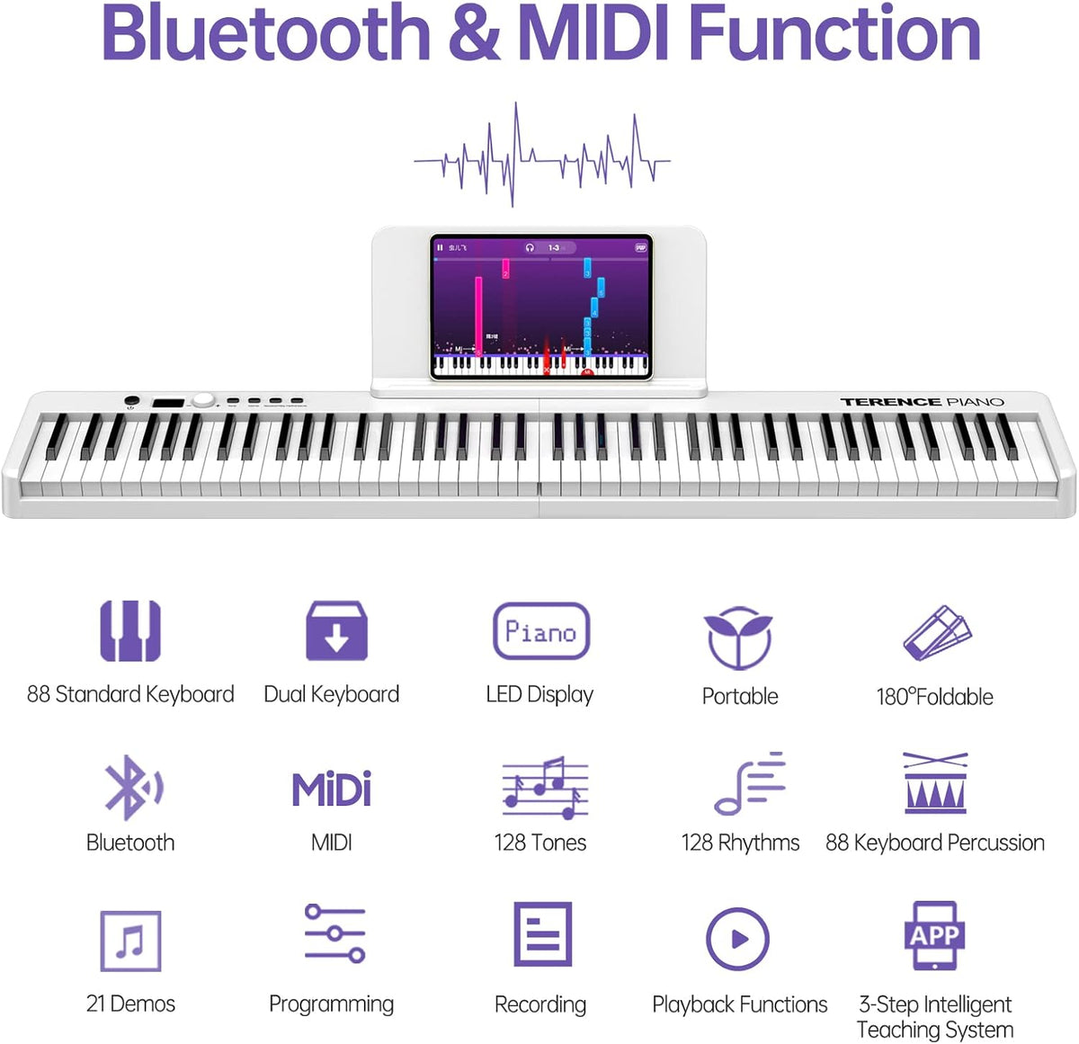 Opvouwbare digitale piano 88 toetsen – Keyboard – E-piano – Digitaal pianotoetsenbord – Elektrische piano – Semi-gewogen aanslaggevoelige toetsen – 1800 mAh accu tot 8 uur speeltijd