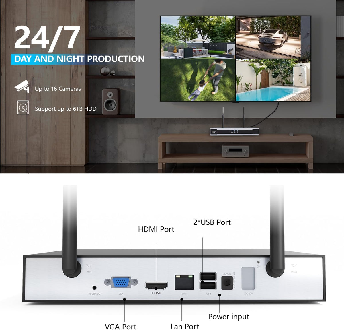 Bewakingscamera Systeem – CCTV Camera – Video Surveillance – Beveiligingscamera – Draadloze Beveiliging – 16-Kanaals NVR – 4x 1296P HD Camera’s – Nachtzicht – Bewegingssensor