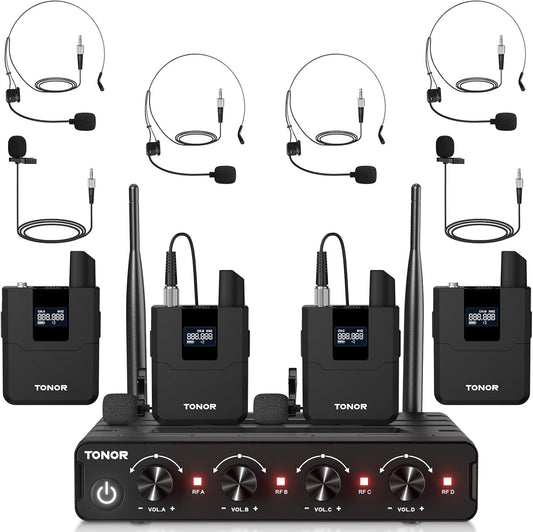 TONOR UHF Microfoon Draadloze Set met 4 Bodypack Zender/Koptelefoon/Lavalier Draadloos Microfoonsysteem, 4x5 Frequenties 60m Bereik Microfoonset voor Zang Karaoke Kerk DJ PA Systeem Luidspreker,TW364