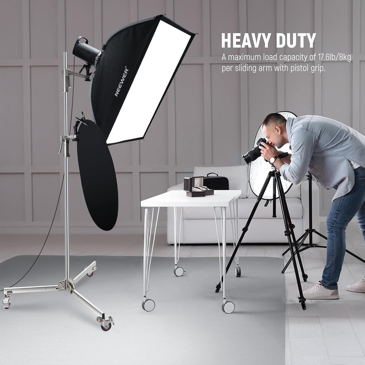 NEEWER 198 cm roestvrijstalen lichtstandaard, zware statiefstandaard met zwenkwielen, 2 glijarmen met pistoolgreep, opvouwbare poot voor fotografie, softbox monolight, max. belasting 16 kg, ST198SS