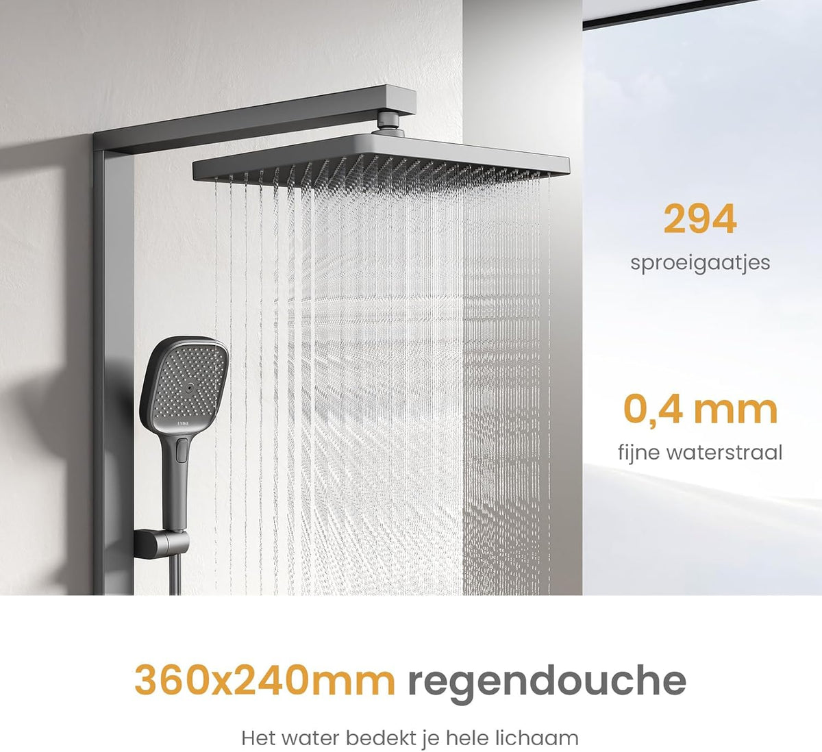 Regendouche – Doucheset – Douchekolom – Douchekraan – Handdouche – Thermostatisch – Grote 36x24 cm Regendouche – Mat Antraciet Design