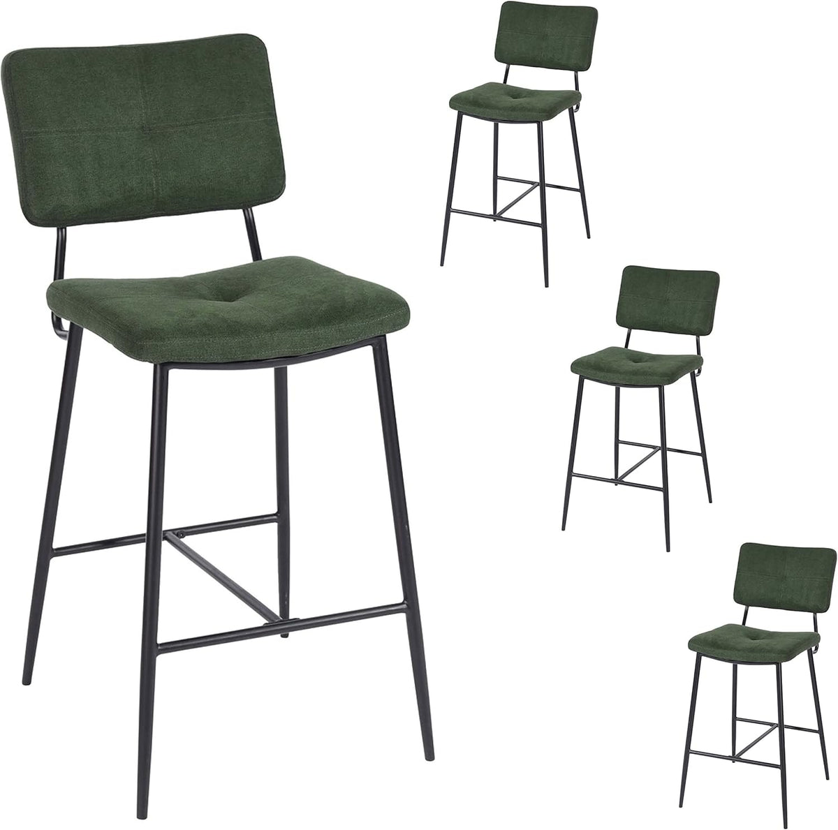 MEUBLE COSY Barkrukken, set van 4 barstoelen met voetensteun, rugleuning van bouclé badstof kussen metalen poten design stoel keukenstoel, groen, 46x52x99cm