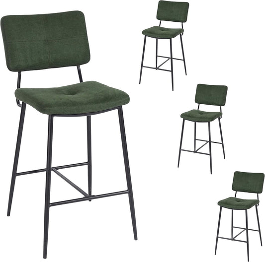 MEUBLE COSY Barkrukken, set van 4 barstoelen met voetensteun, rugleuning van bouclé badstof kussen metalen poten design stoel keukenstoel, groen, 46x52x99cm