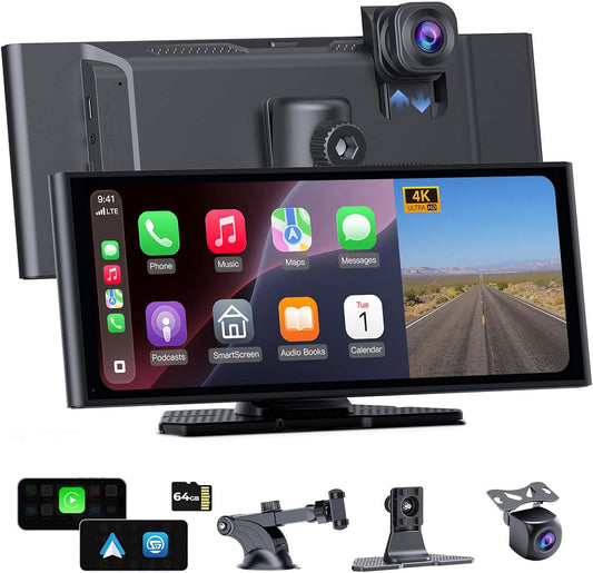 10,26 inch CarPlay Display met 4K dashcam, Android Auto, 1080p achteruitrijcamera, 64 GB geheugen, Bluetooth