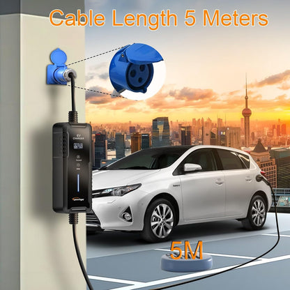 Type2 Draagbare EV Lader, 7.2kw, IEC 62196 draagbare oplader voor elektrische voertuigen met CEE-stekker, 6-32A instelbaar met Smart APP, 5M
