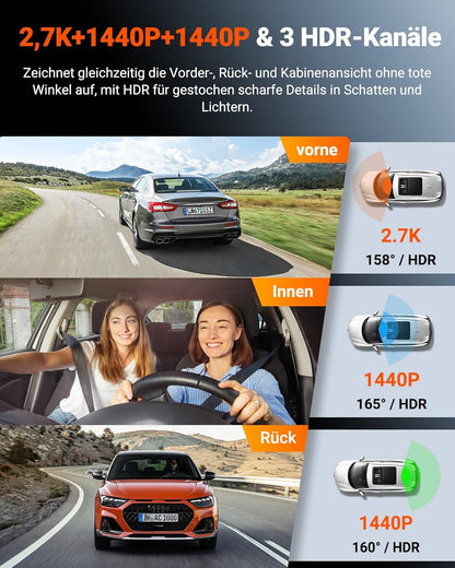 Dashcam Auto – Autocamera – Dashboardcamera – Rijcamera – Camerasysteem Auto – Driekanaals Opname Voor Binnen En Achter – Spraakbediening