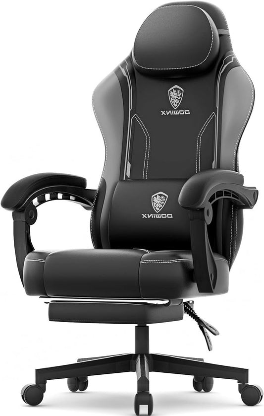 Dowinx Gaming Chair Racing Gamer Chair with Spring Cushion, Ergonomic Gaming Chair with Lumbar Support, PU Leather Office Chair, PC Chair, Wide Backrest, 150kg, Grey - QUORE