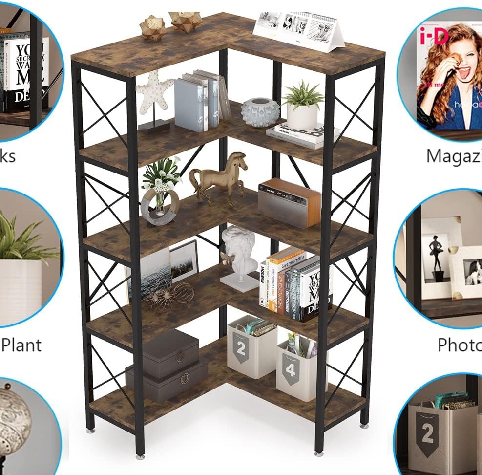 Tribesigns Corner Bookshelf, Large Modern Corner Bookcase, High Corner Shelf Storage Display Rack with Metal Frame for Living Room Home Office (Rustic Brown) (5 Shelves)