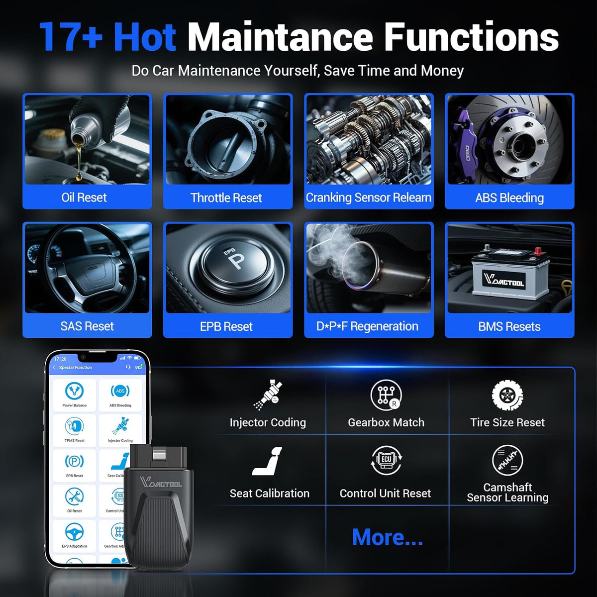 VDIAGTOOL D100 OBD2 Scanner Bluetooth, Alle Systemen Auto Diagnostic Tool Met 17+ Resets, Levenslange Gratis Update Bidirectionele Scan Tool voor Android & iOS, FCA & CAN FD, Draadloze Auto Fout Code