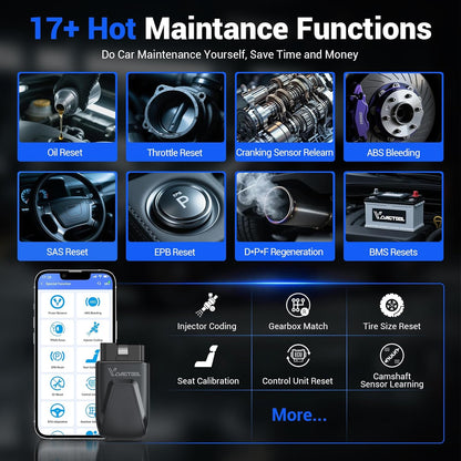 VDIAGTOOL D100 OBD2 Scanner Bluetooth, Alle Systemen Auto Diagnostic Tool Met 17+ Resets, Levenslange Gratis Update Bidirectionele Scan Tool voor Android & iOS, FCA & CAN FD, Draadloze Auto Fout Code