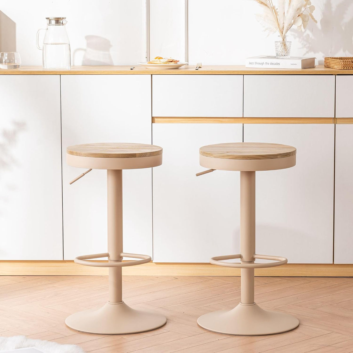 YOUNIKE Barkruk, set van 2, hout, in hoogte verstelbaar, draaibaar, barkruk, keukenkruk, hoogte barstoelen met voetensteun, voor bar, keuken, draaikruk van massief hout metaal, kaki roze