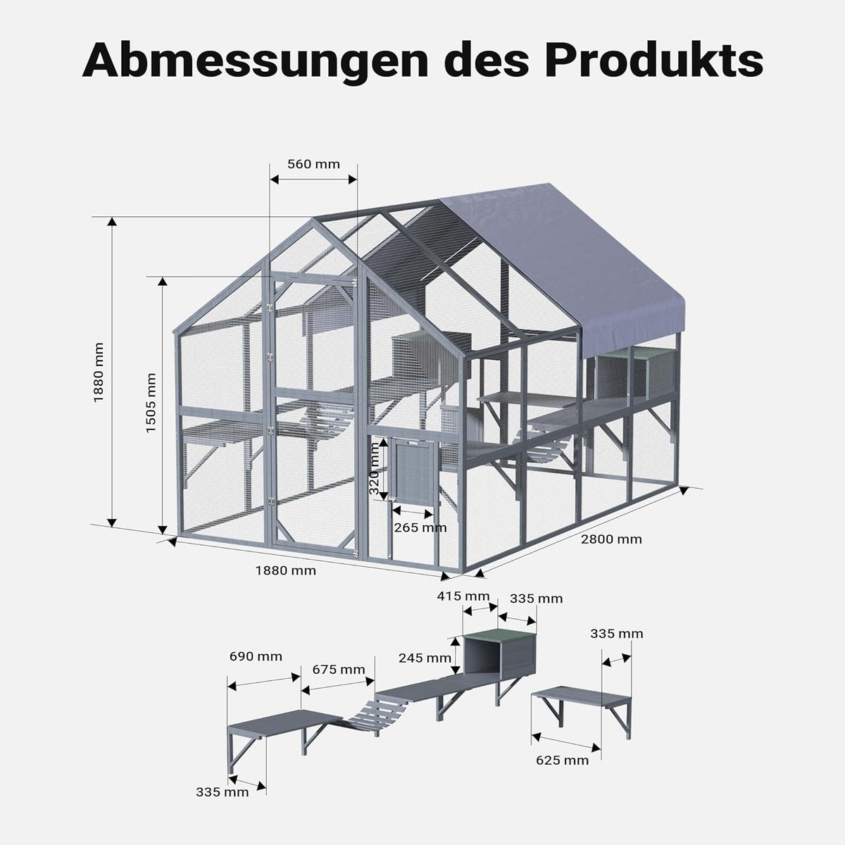 Wiltec kattenren 280 x 187 x 187 cm, buitenverblijf voor katten, speelkooi van dennenhout, kattenkooi voor speelruimte voor katten en huisdieren, kattenvolière met waterdicht dak