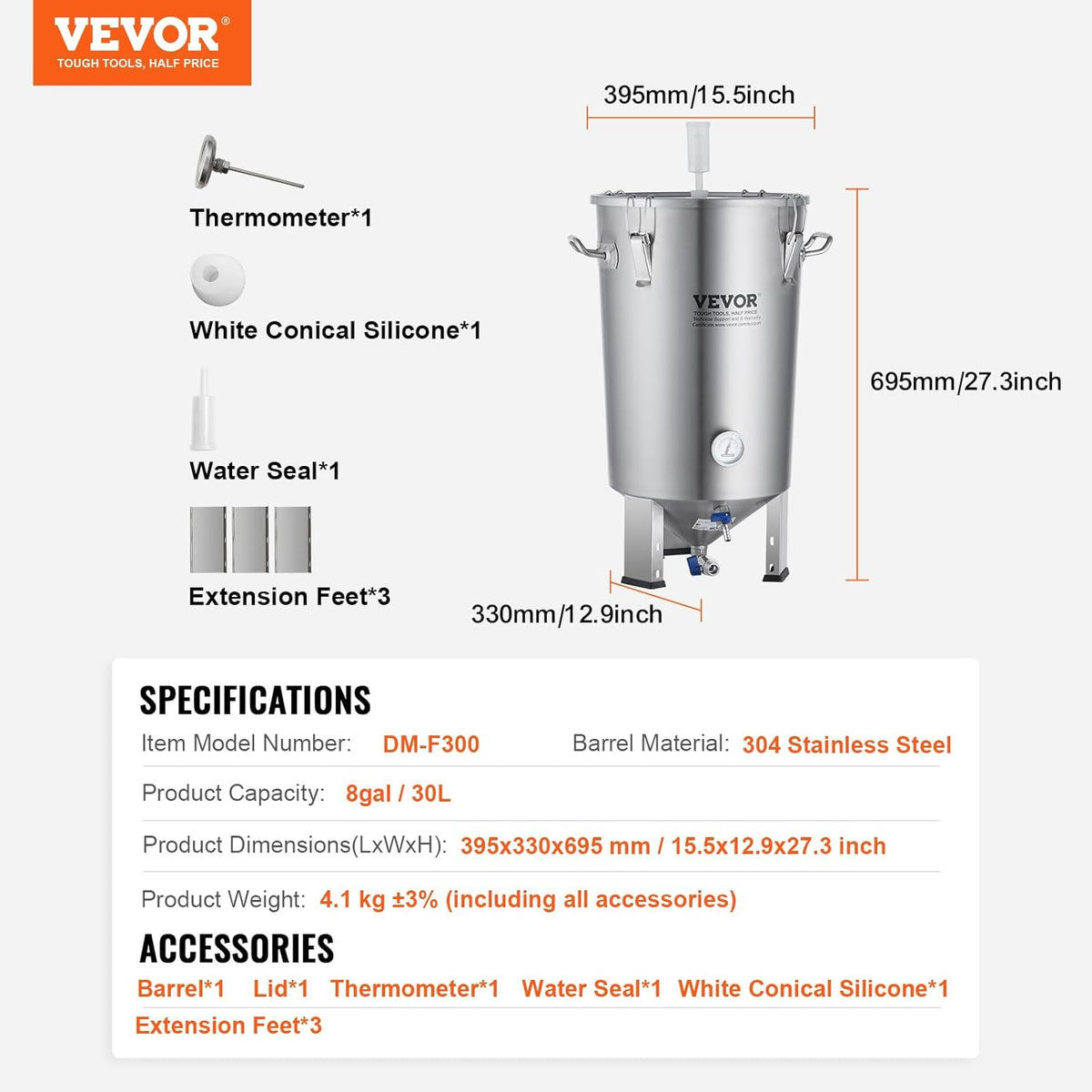 VEVOR Bierproductiesysteem, inhoud 30 liter, roestvrijstalen brouwerij voor bierbrouwen, brouweremmer, accessoires voor het maken van bier