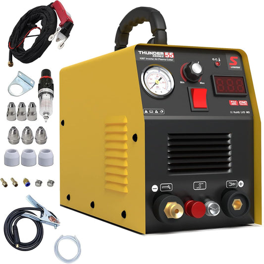 SUSEMSE Plasmasnijder, piloontsteking, 55 ampère, inverter, hoogfrequente plasmasnijder, IGBT inverter, plasmacsnijder, 230 V, snijvermogen max. tot 14 mm, met plasma-snijbrander en sproeierset