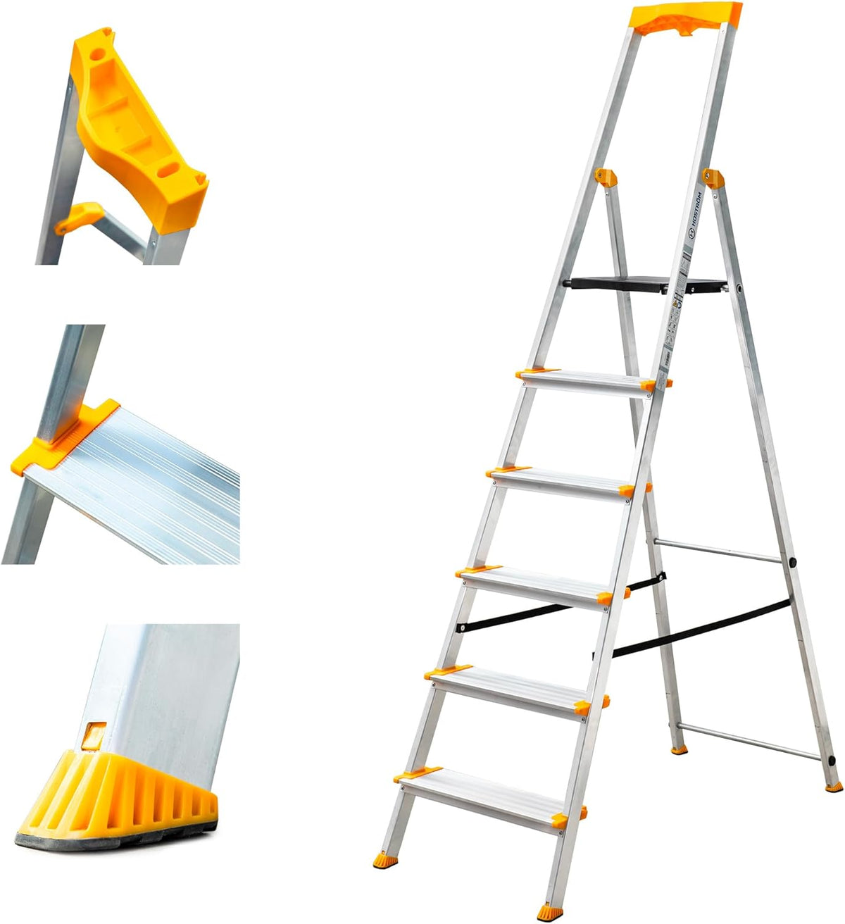 HOSTROM Ladder, 6 treden van aluminium, veilige opvouwbare huishoudtrap, gereedschapshouder, extra brede treden 12 cm, voor thuisgebruik en pro
