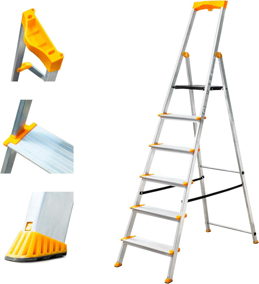 HOSTROM Ladder, 6 treden van aluminium, veilige opvouwbare huishoudtrap, gereedschapshouder, extra brede treden 12 cm, voor thuisgebruik en pro