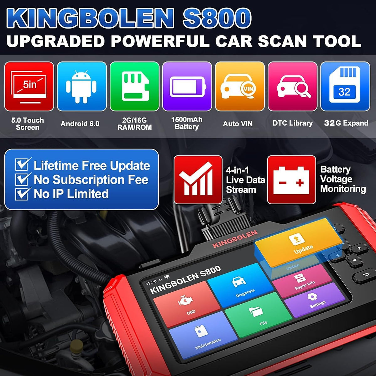 KINGBOLEN S800 OBD2 Codelezer, MOTOR, ABS, SRS, AT 4 Systeem Auto Diagnostische Scan Tool, OBD2 scanner met 15 Reset Service, Auto VIN, 16G ROM (Ondersteunt 256G Uitbreiding), Levenslange Gratis