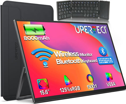 UPERFECT Draadloze Draagbare Monitor met 8000mAh Batterij, 15,6 Inch 1080P FHD 125% sRGB IPS Ultradun Scherm met Hoes/Toetsenbord voor Laptop/PC/Gameconsoles/Telefoon, AirPlay/Miracast-Ondersteuning