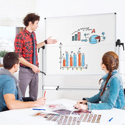 VIZ-PRO Dubbelzijdig mobiel whiteboard, 112 x 112 cm, magnetisch rollend droog wisbaar wit bord op wielen met aluminium frame en standaard