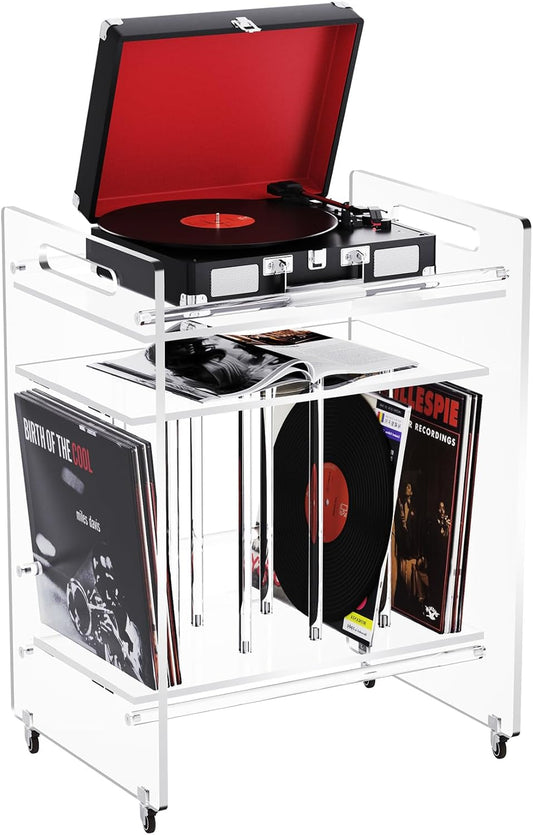 Acryl bijzettafel, vinyl Magzine Opslag Boekenplank met 3 Tier Bijzettafel met Wielen (Doorzichtig) (Clear Large)