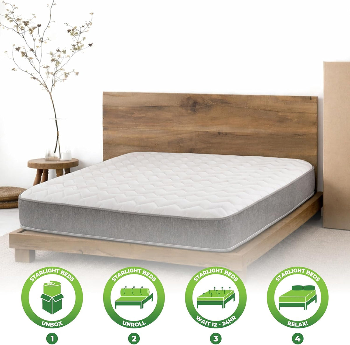 Starlight Beds Essentials Zig Zag tweepersoonsmatras met veren en traagschuim. 7,5 inch budgetmatras, grijs, zachte stevigheid (135 x 190 x 19 cm)