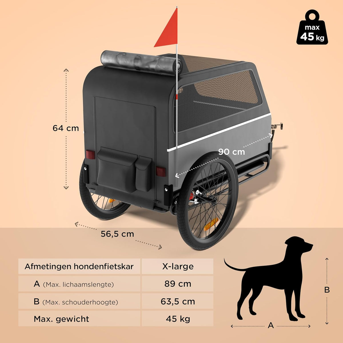 Hondenfietskar XL – Opvouwbare fietskar voor grote hond (tot 45 kg) – Waterdicht, met vering, oprijplaat & comfortabele ruimte – Geschikt voor e-bike