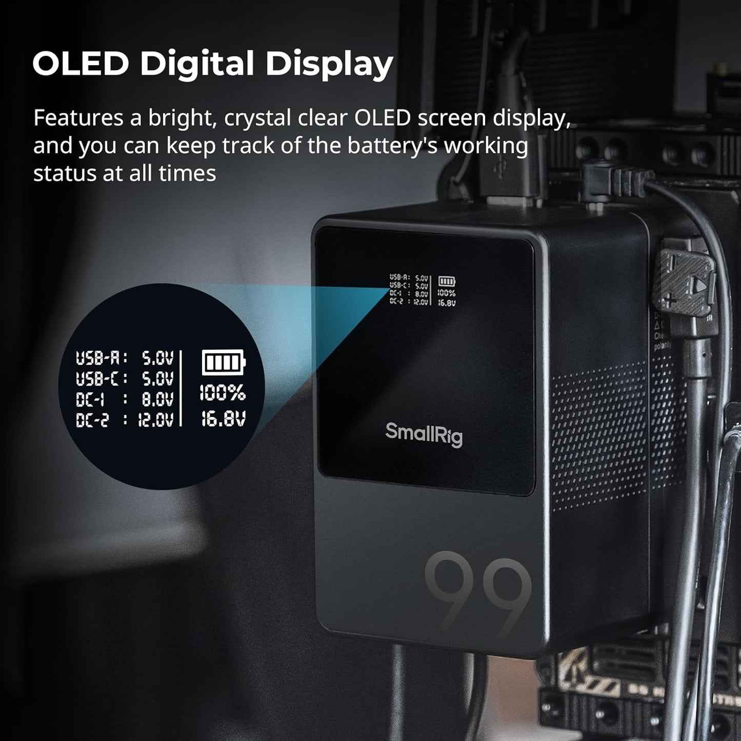 SMALLRIG V Mount Batterij VB99, 99Wh / 6800mAh V-Mount Batterij met PD 100W USB-C Snelladen, met D-TAP, USB-A, Dubbele DC Poort, OLED Scherm, voor Camera, Camcorder, Monitor, Videolamp, Zwart - 3580B