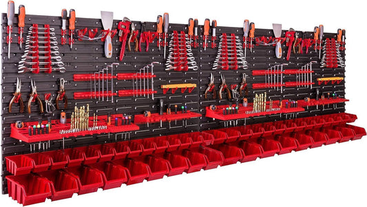 Opbergsysteem wandrek 230 x 78 cm, met gereedschapshouders, 46 stuks Stapelbakken, opslagrek, extra sterke wandplaten, uitbreidbaar rek, werkplaatsrek, opslagbakken, wandrek voor werkplaatsen.