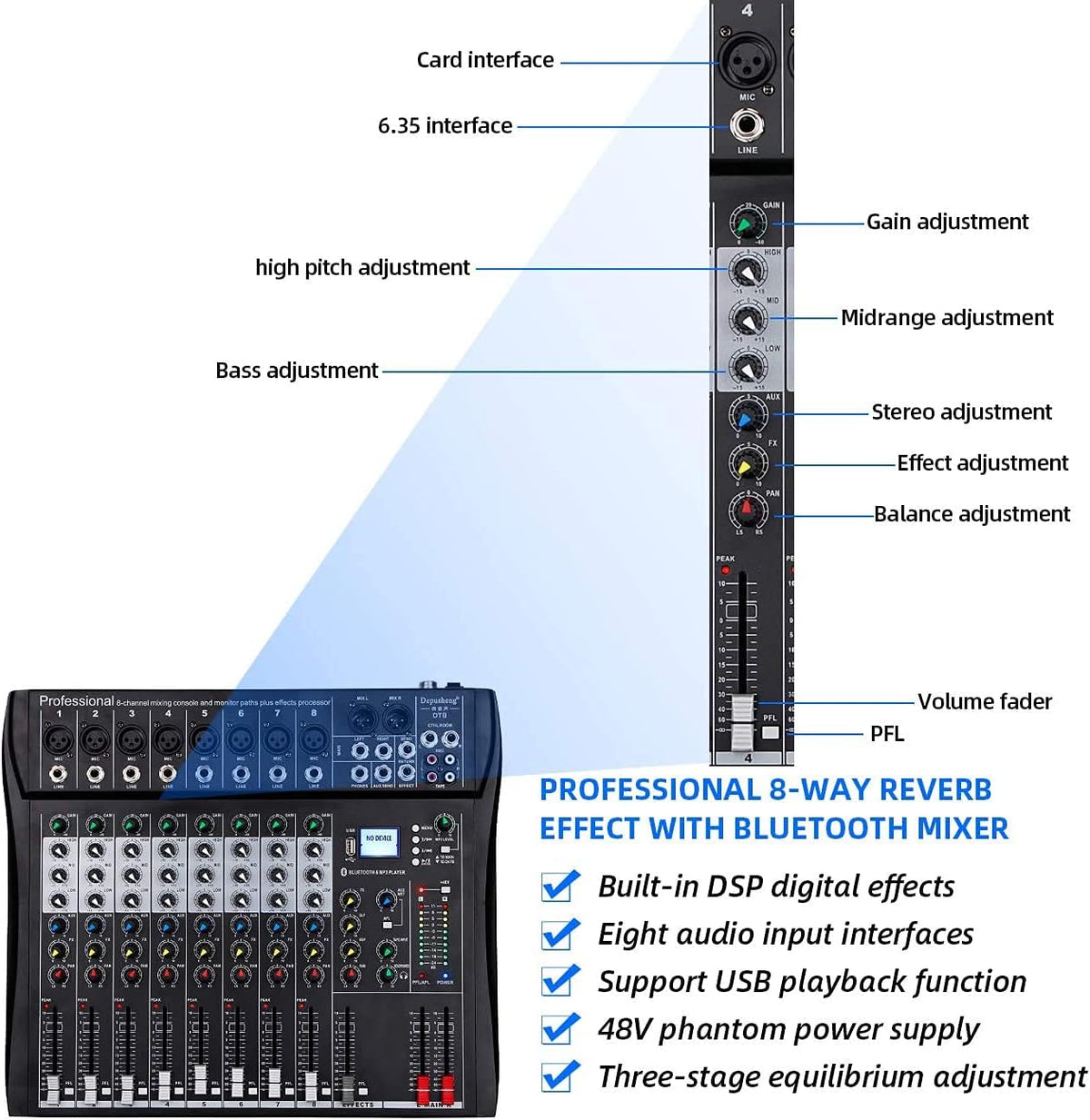 8-Kanaals Mixer Zwart – Mengpaneel, Mengtafel, Geluidsmixer, Mixconsole – Bluetooth, USB En MP3 – 48V Fantoomvoeding En 3-Bands EQ