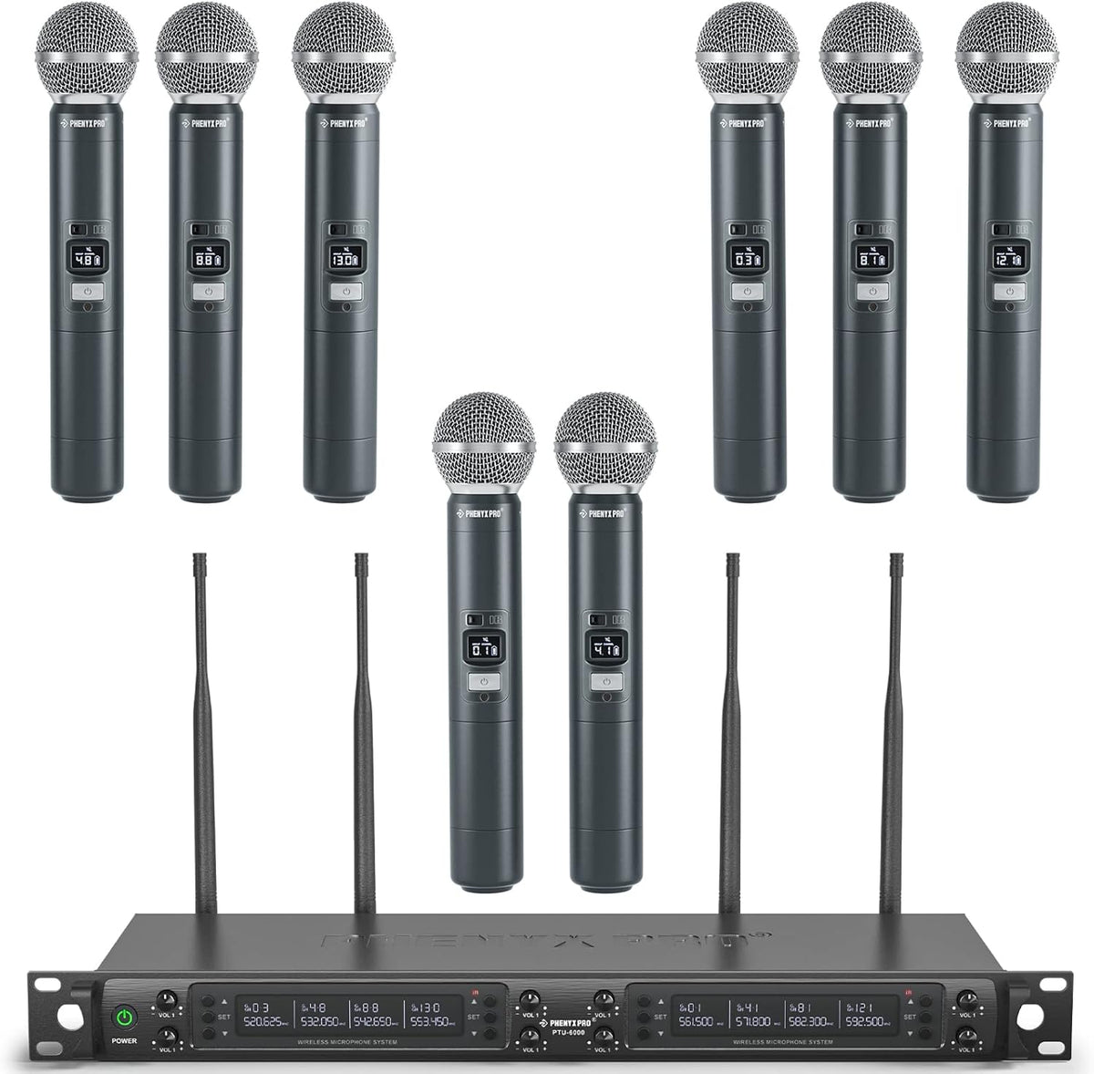 Phenyx Pro Draadloos microfoonsysteem, 8-kanaals draadloze microfoon, met 8 draagbare dynamische microfoons, automatisch scannen, 8 x 40 UHF-frequenties, bereik van 328 meter, microfoons om te zingen