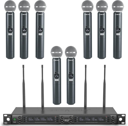 Phenyx Pro Draadloos microfoonsysteem, 8-kanaals draadloze microfoon, met 8 draagbare dynamische microfoons, automatisch scannen, 8 x 40 UHF-frequenties, bereik van 328 meter, microfoons om te zingen