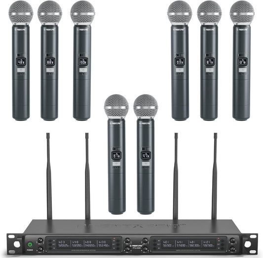 Phenyx Pro Draadloos microfoonsysteem, 8-kanaals draadloze microfoon, met 8 draagbare dynamische microfoons, automatisch scannen, 8 x 40 UHF-frequenties, bereik van 328 meter, microfoons om te zingen