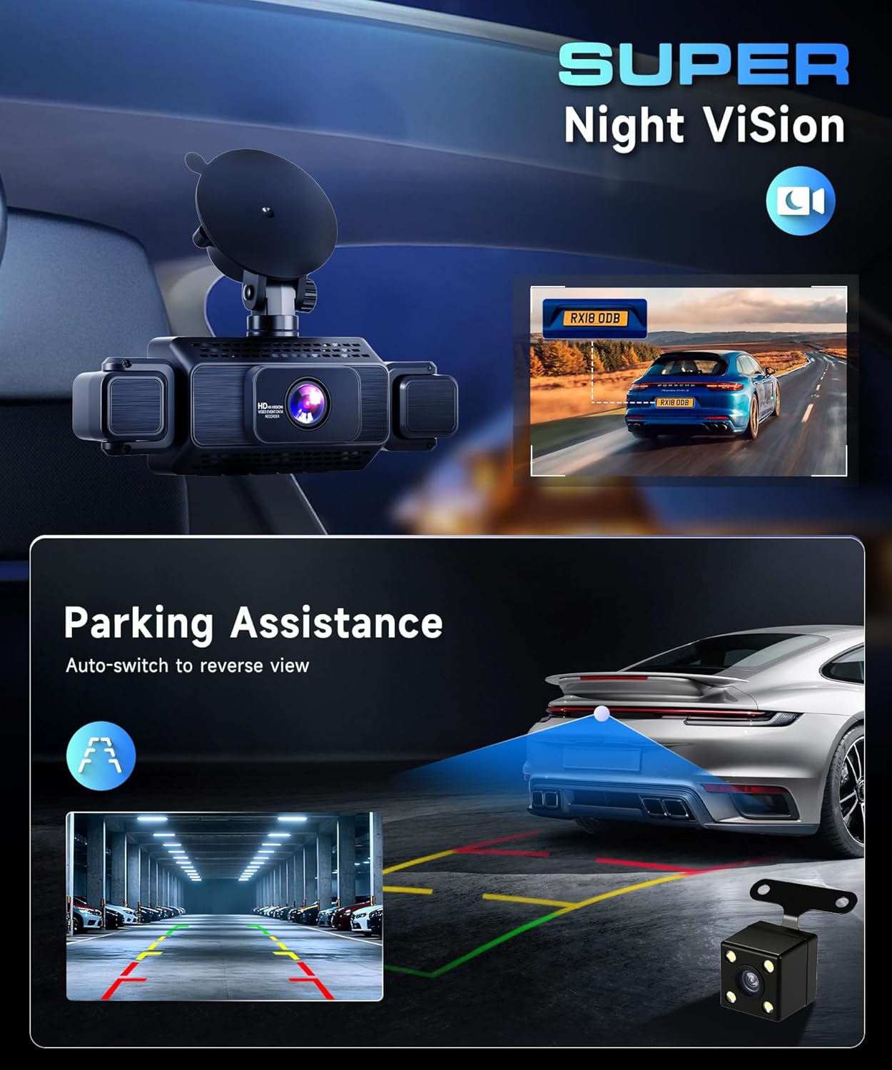 1080P Dashcam Car Front and Rear with Wifi,4*Dashcam Car Camera with 3-inch IPS Screen,24-Hour Parking Monitoring,Night Vision,G-Sensor,Loop Recording,360-Degree Protection,with 64GB SD Card - QUORE