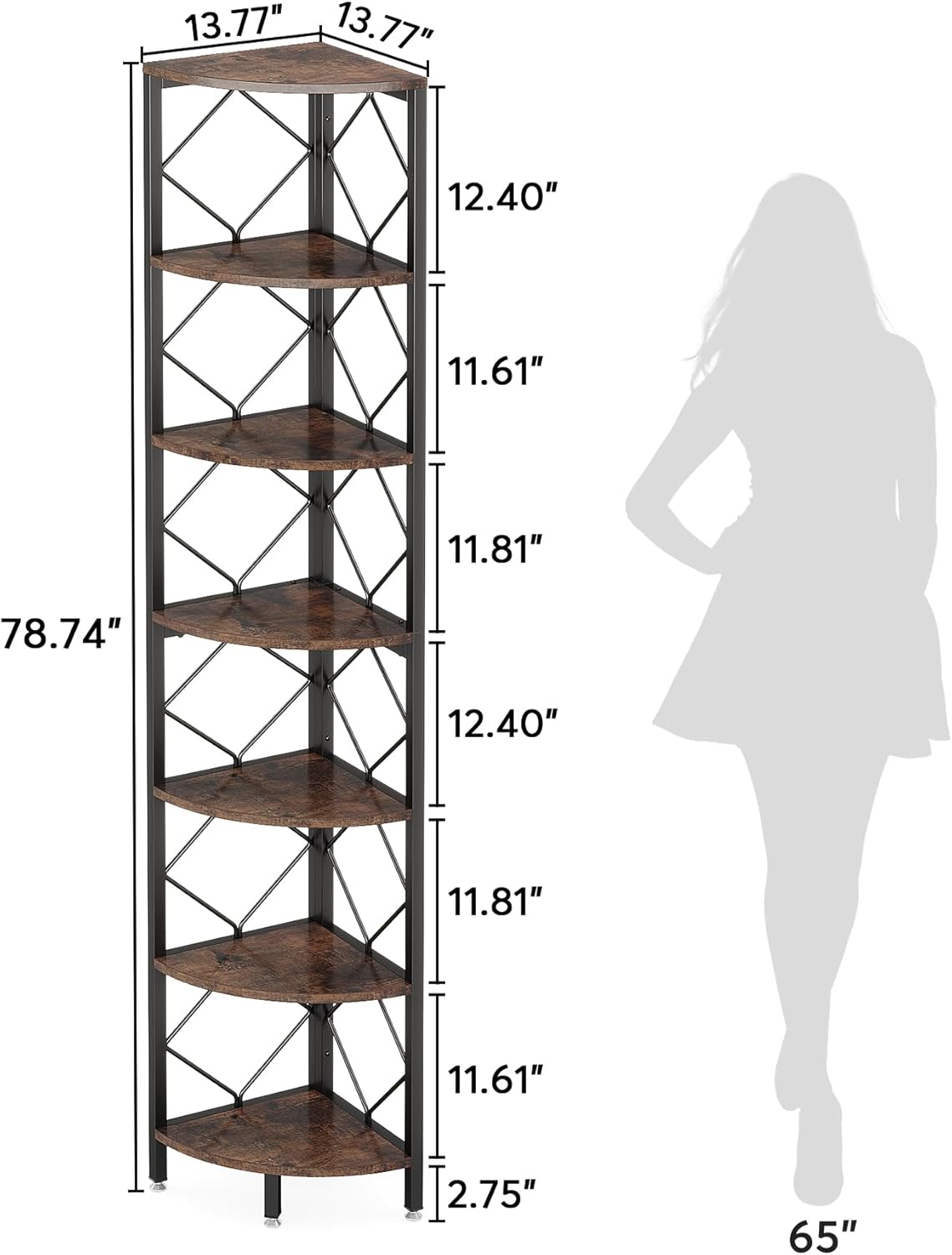 Tribesigns 7 Tier Corner Shelf, 200 cm, Extra High Angle, Industrial Narrow Bookcase for Small Narrow Spaces, Corner Shelf, Wooden Stand, Storage Rack for Living Room, Kitchen, Home Office