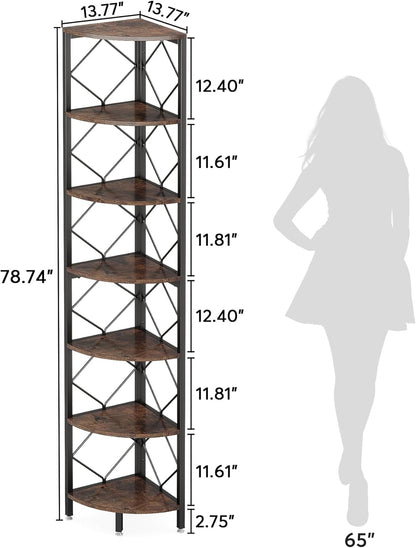 Tribesigns 7 Tier Corner Shelf, 200 cm, Extra High Angle, Industrial Narrow Bookcase for Small Narrow Spaces, Corner Shelf, Wooden Stand, Storage Rack for Living Room, Kitchen, Home Office